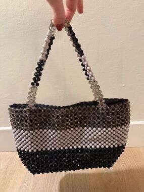 Beaded Striped Tote Bag - Black, Gray & White
